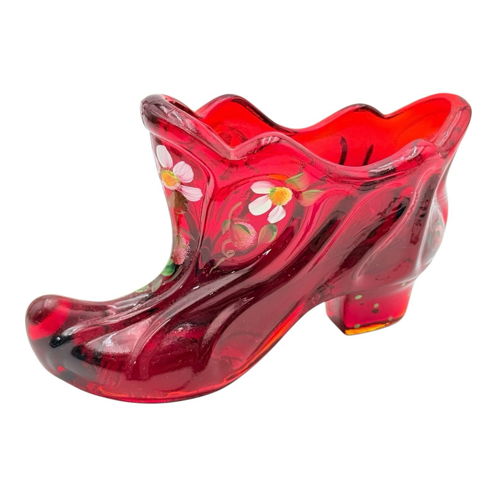 Fenton Glass Hand Painted S Miller 40th Anniversary Shoe Slipper Amberina Floral