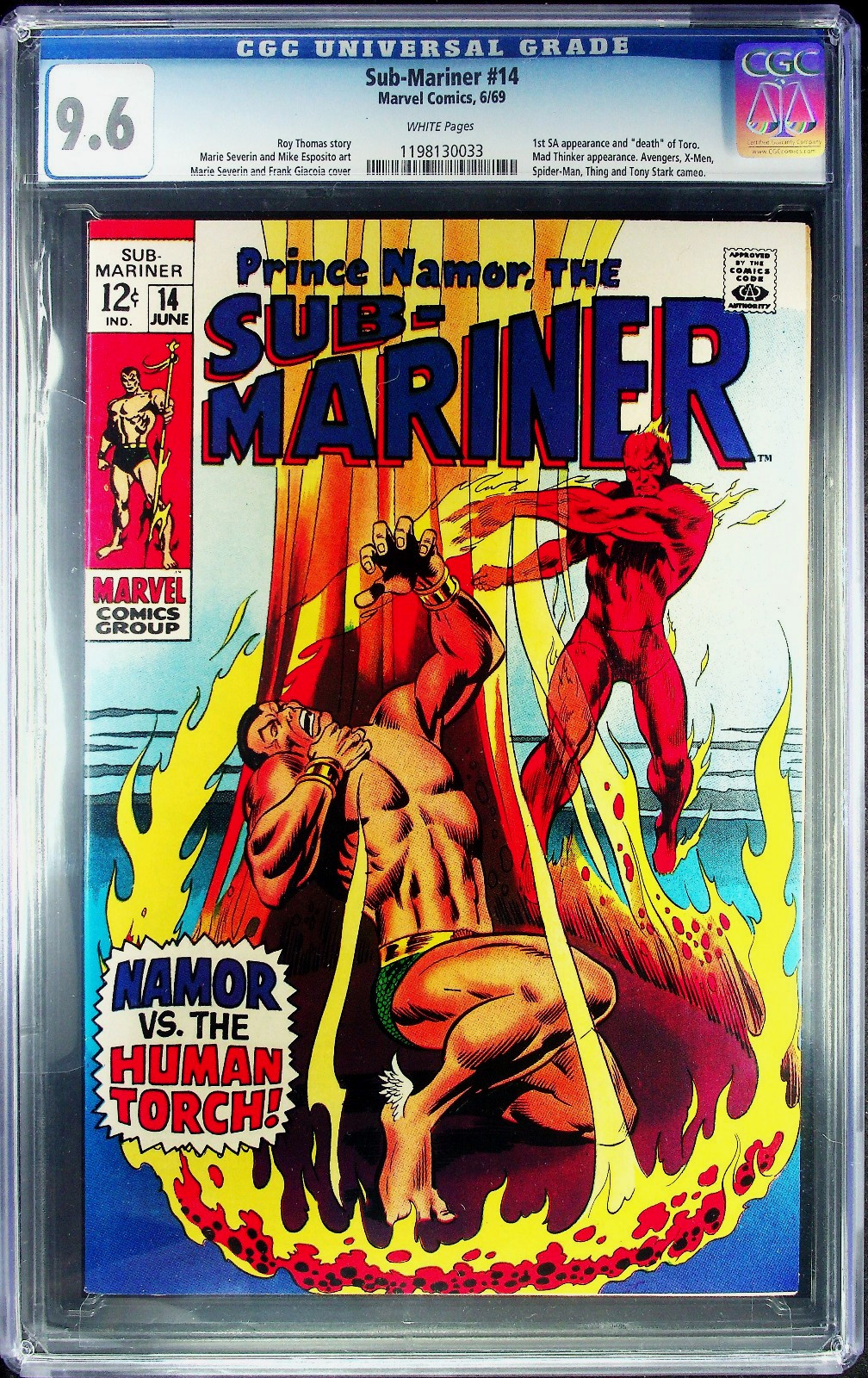 Sub-Mariner #14 (1969) CGC 9.6 NM+ WHITE KEY Toro Human Torch Battle & Death
