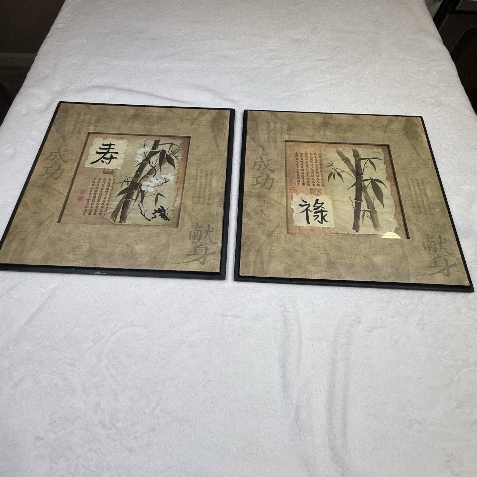 2 Asian Chinese Calligraphy Bamboo Framed Wall Art Longevity Prosperity 13.5in