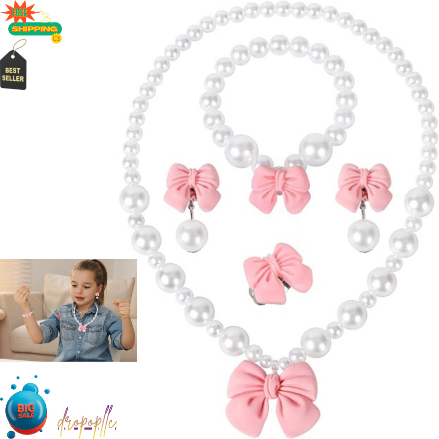 Princess Jewelry for Little Girls, Handmade Bow Pearl Kids Jewelry Set, Stret...