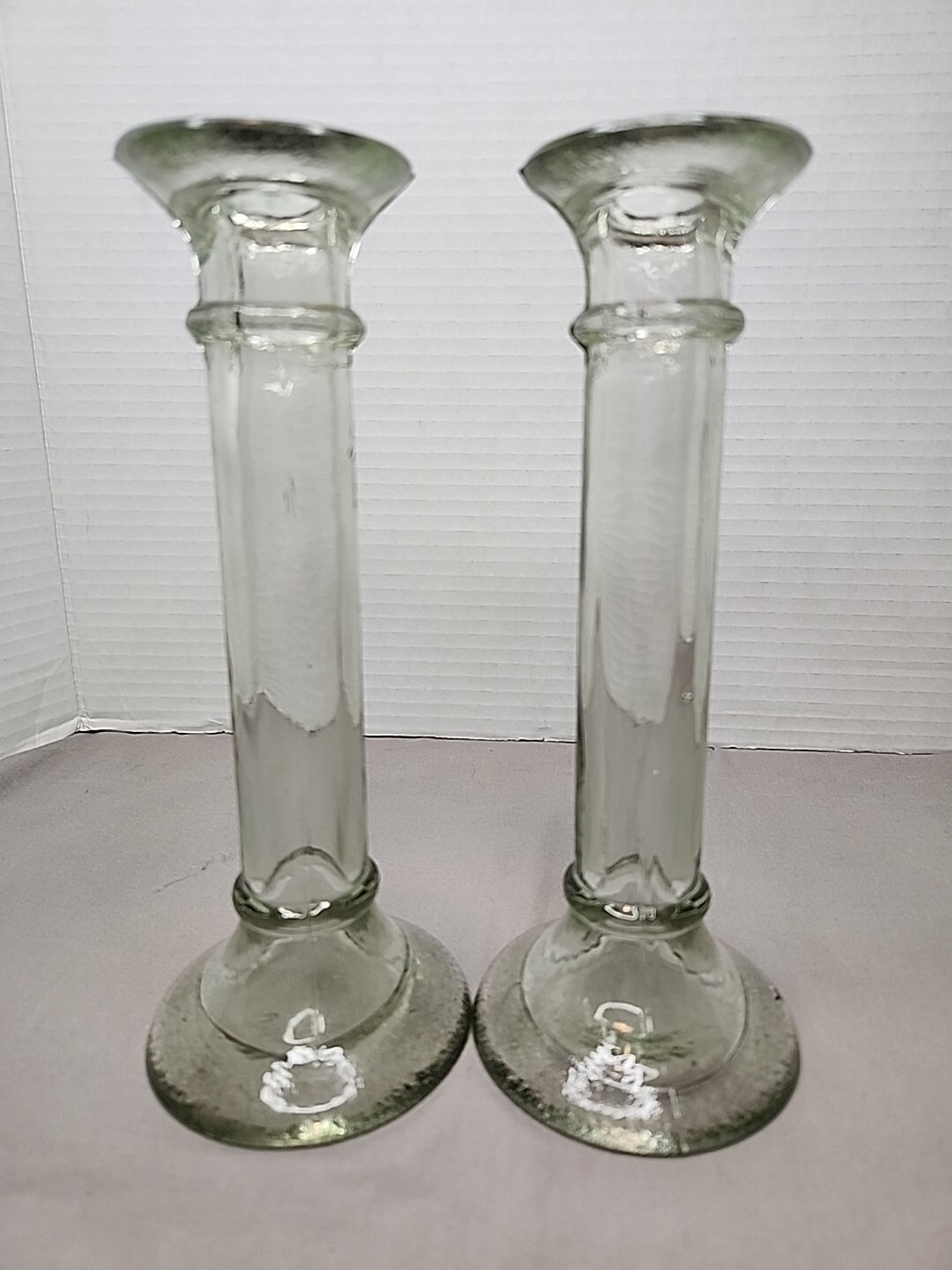 Glass Tall Taper Candleholders Pair of 2 Clear Molded Candlesticks Glass Tall Taper Candleholders Pair of 2 Clear Molded Candlesticks
