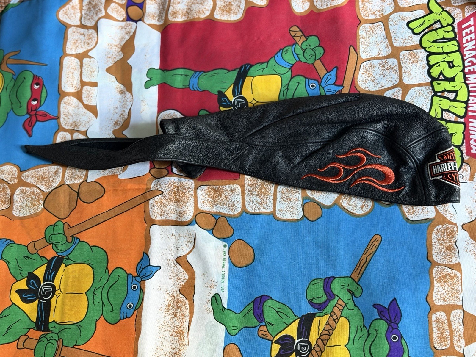 Vintage Harley-Davidson Black Leather Biker Durag Skull Bandana