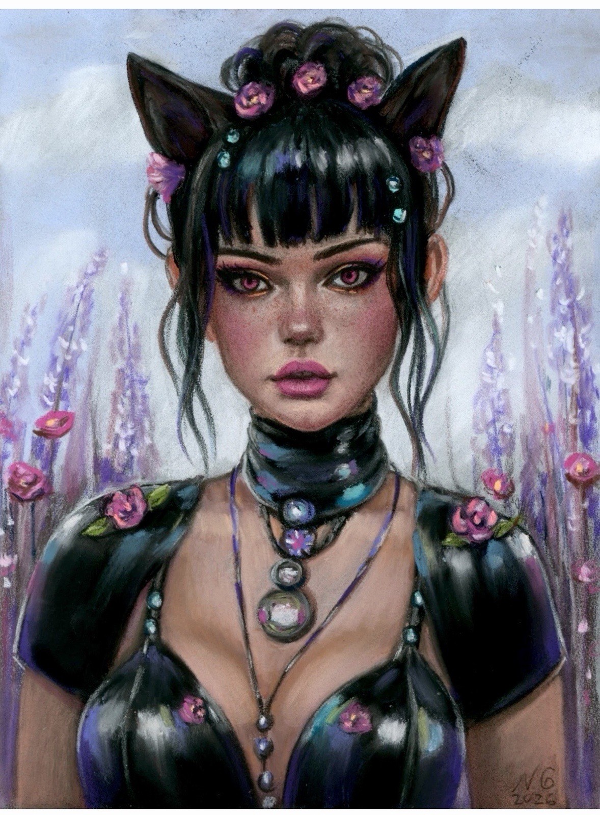 Catwoman: Selina Kyle - 7x10 Pastel Hand-Drawn Original Art by N Hrechanyk w/COA
