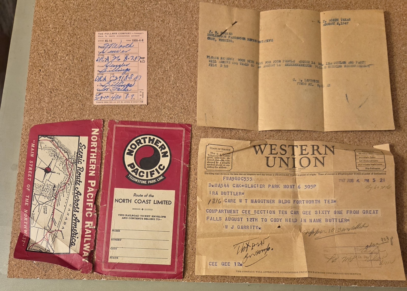 1947 Northern Pacific Rail 6 Piece Lot Pullman Ticket Yellowstone Western Union 1947 Northern Pacific Rail 6 Piece Lot Pullman Ticket Yellowstone Western Union