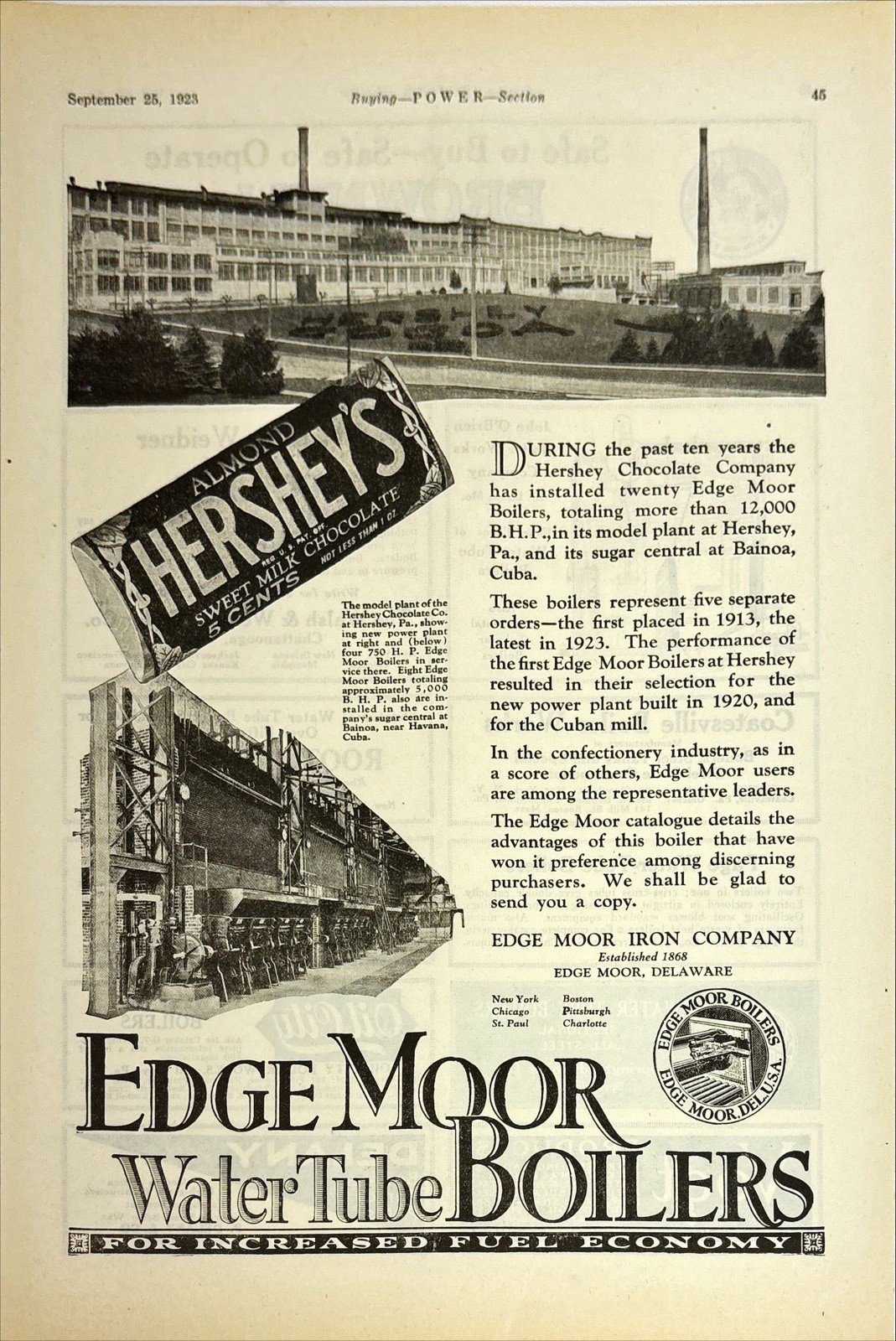 Edge Moor Water Tube Boilers Hershey\'s Candy Delaware Antique Print Ad 1923