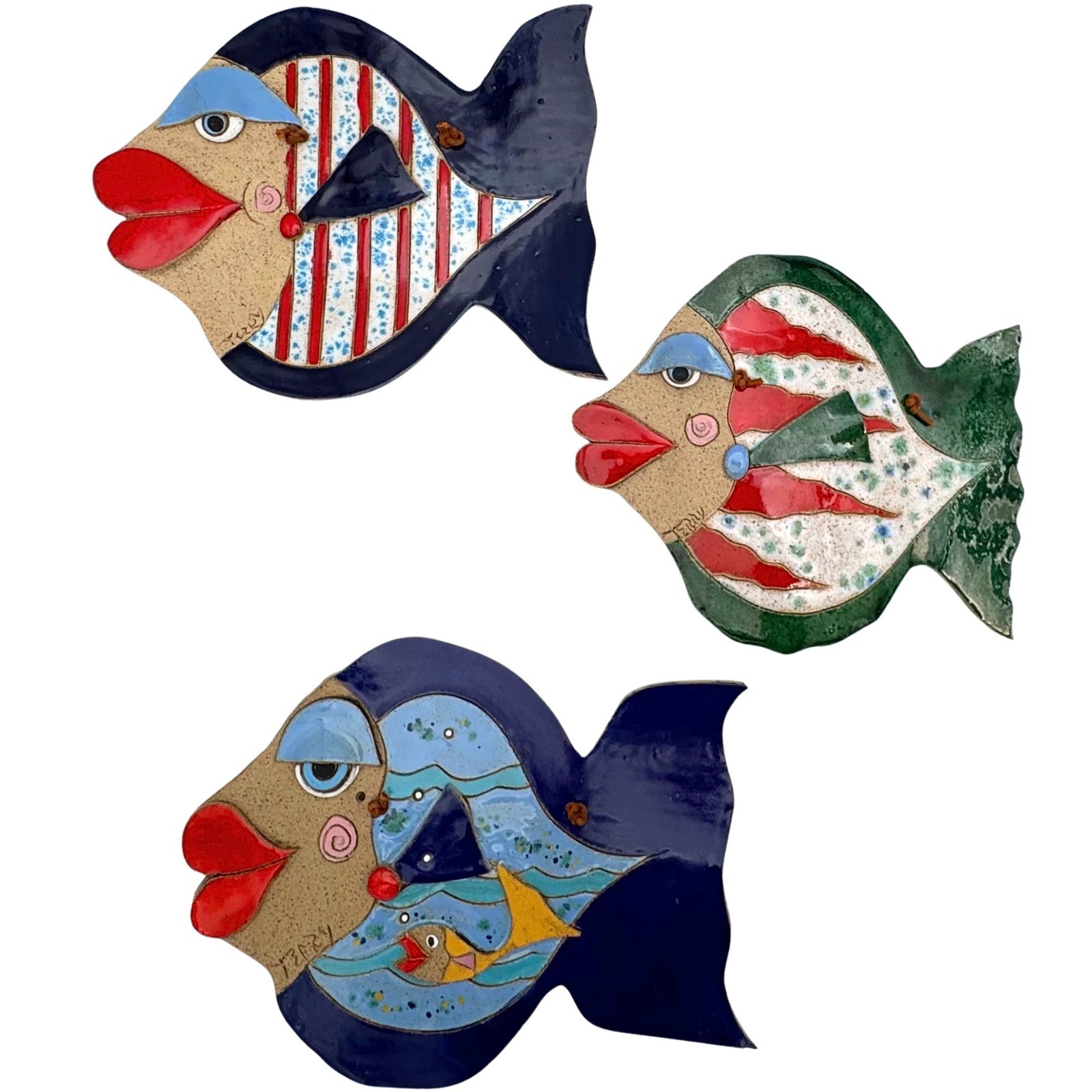 Set of 3 Folk Art Studio Pottery Ceramic Fish Wall Plaques - Artist Signed Terry