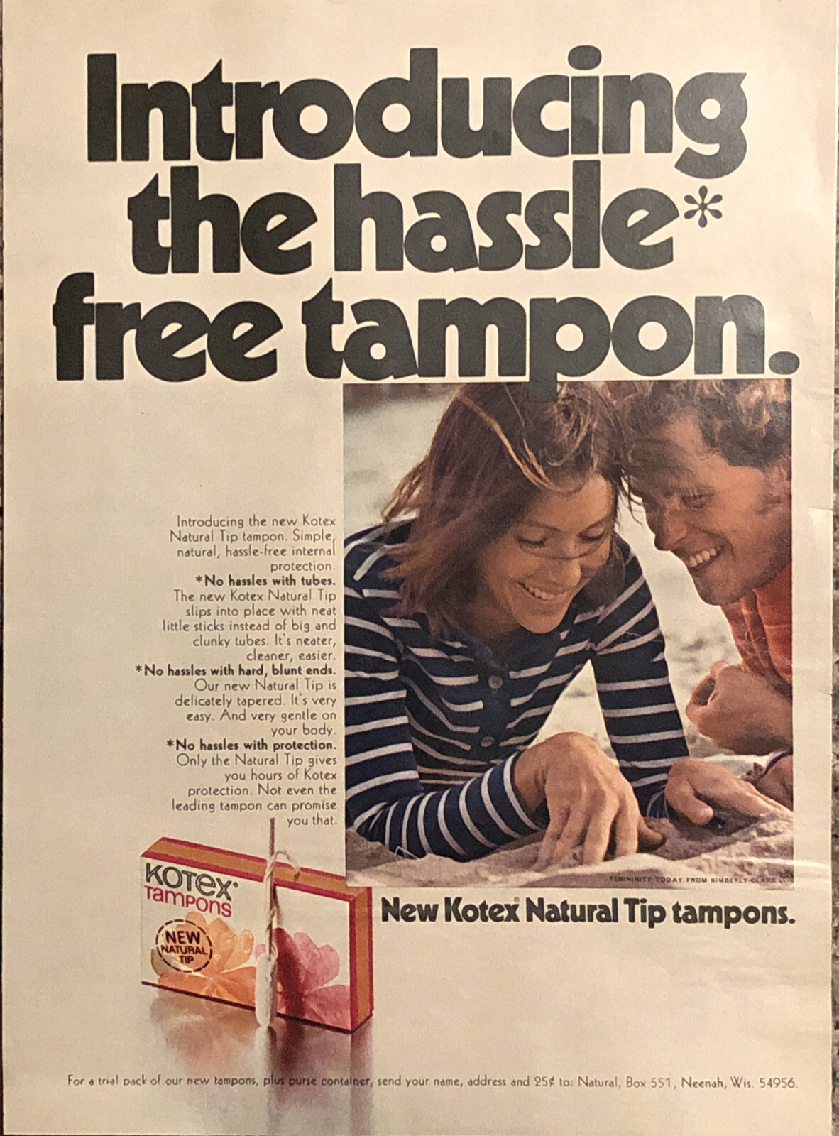 1974 Kotex Natural Tip Tampons PRINT AD Introducing Hassle Free Tampon VTG 1970s