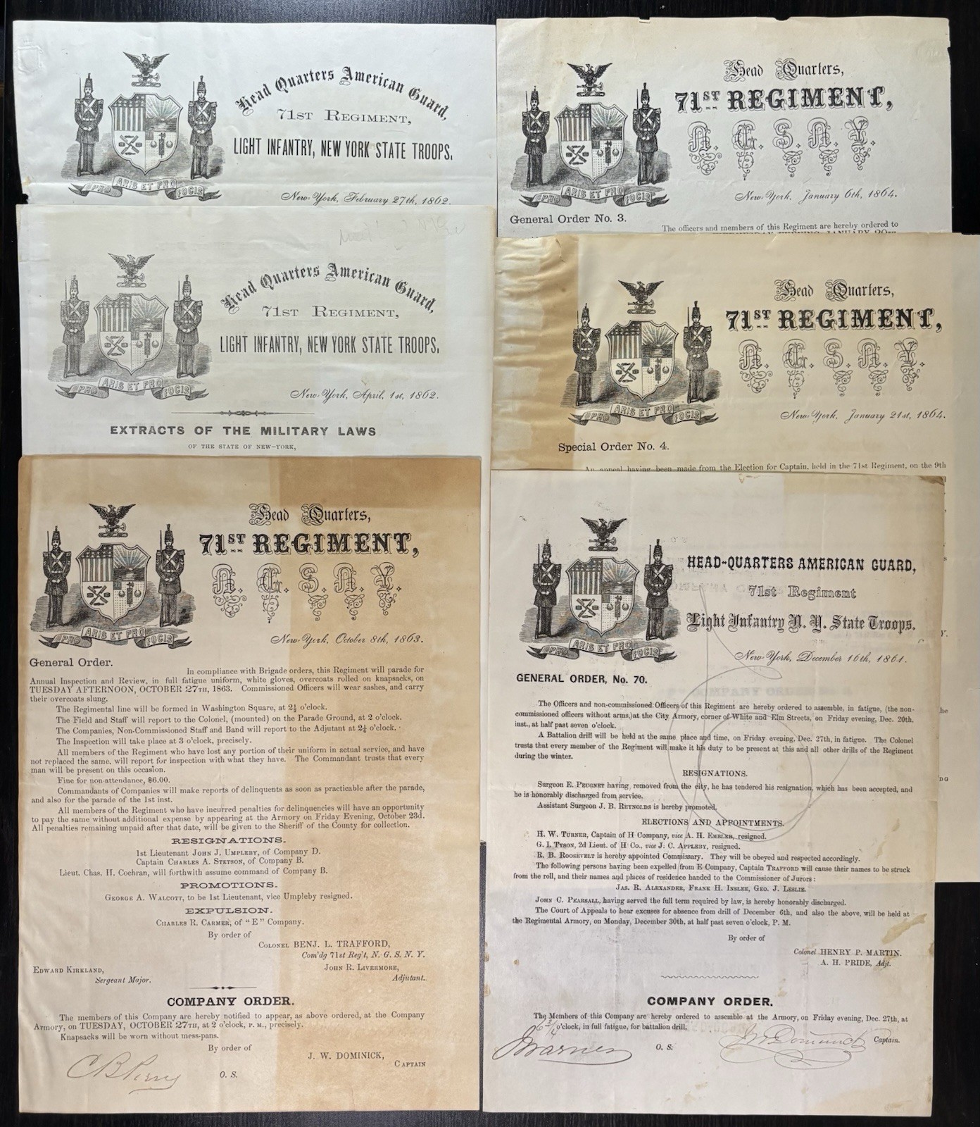 1862 NEW YORK AMERICAN GUARD 71ST REGIMENT - SIGNED SPECIAL & GENERAL ORDERS