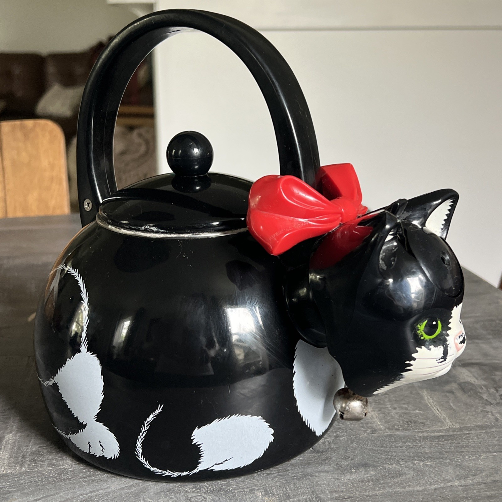 Vintage 1995 Via Ancona Tuxedo Cat Whistling Tea Kettle Red Bow Bell