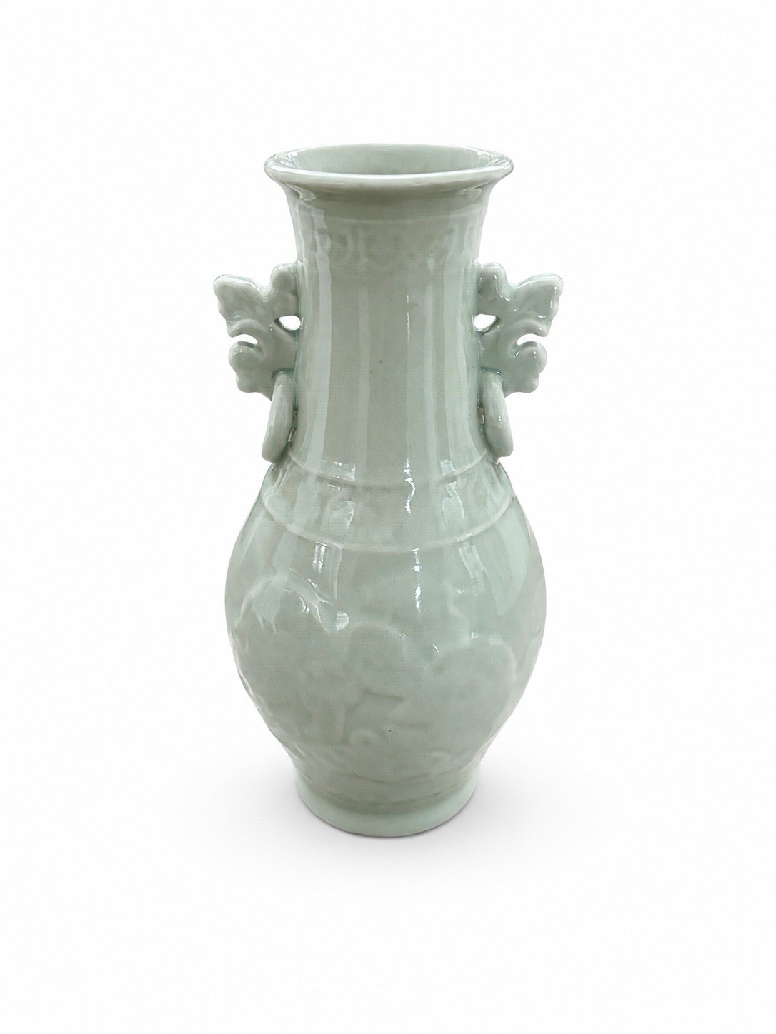 Vintage Celadon Soft Green  Vase With Side Handles Embossed Fruit Motif 8.5”