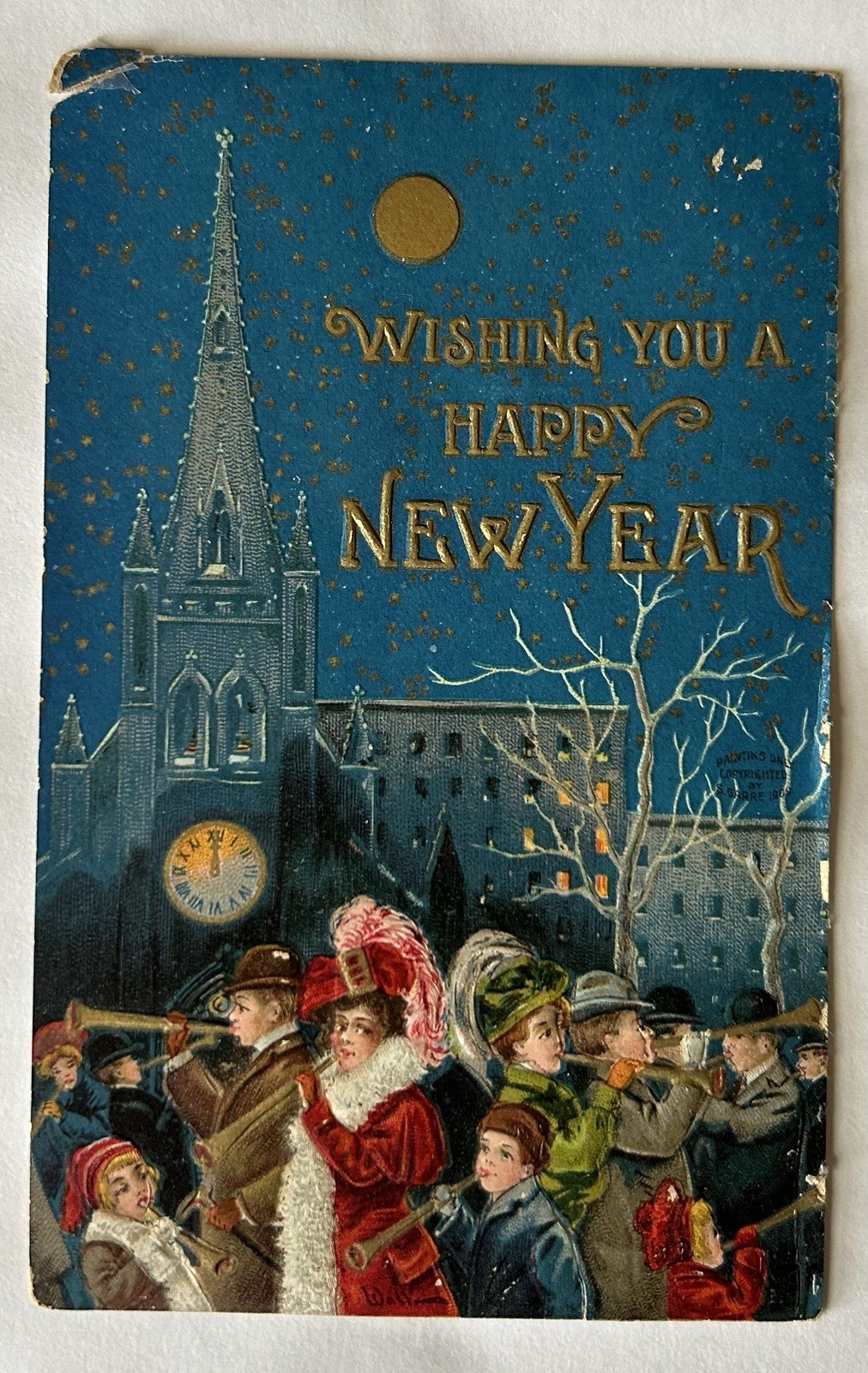 Vintage New Year Postcard Town Revellers Blowing Horns at Midnight Antique PC10