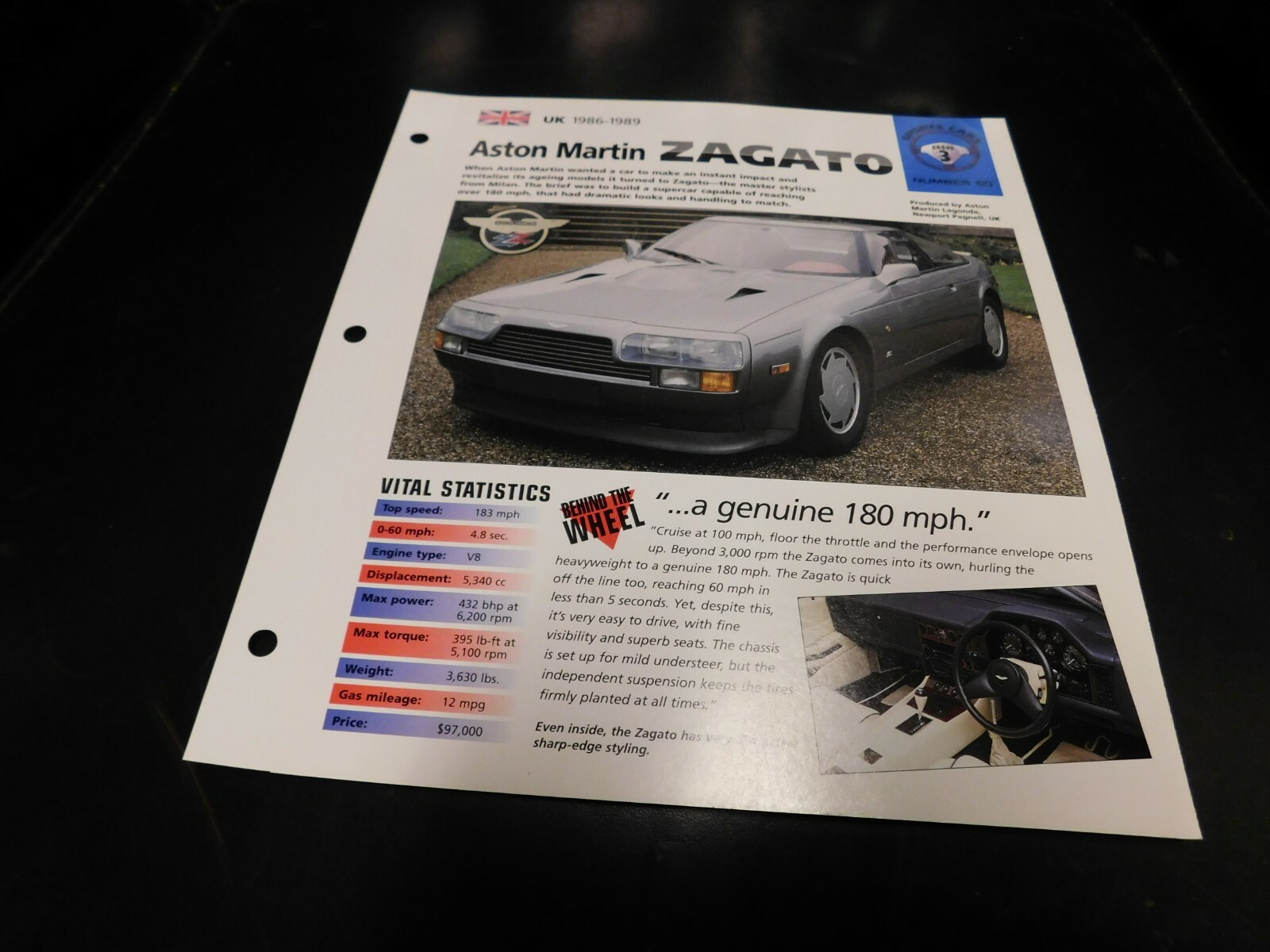 1986-1989 Aston Martin Zagato Spec Sheet Brochure Photo Poster 87 88 1986-1989 Aston Martin Zagato Spec Sheet Brochure Photo Poster 87 88