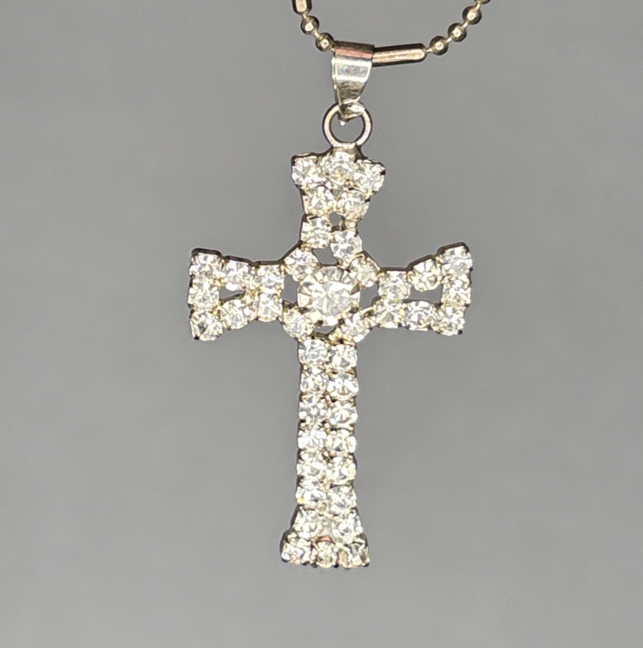 Sparkling Silvertone Openwork Crystal Rhinestone Cross Pendant Necklace