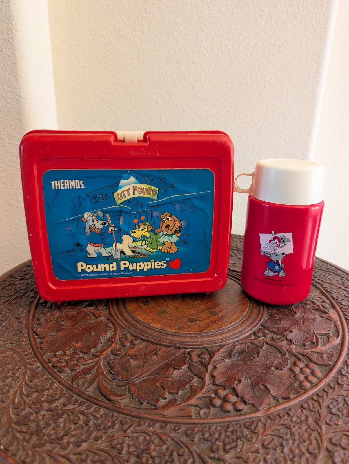 Vintage Pound Puppies Lunchbox W/Thermos 1987 By Thermos Tonka Red Plastic Vintage Pound Puppies Lunchbox W/Thermos 1987 By Thermos Tonka Red Plastic