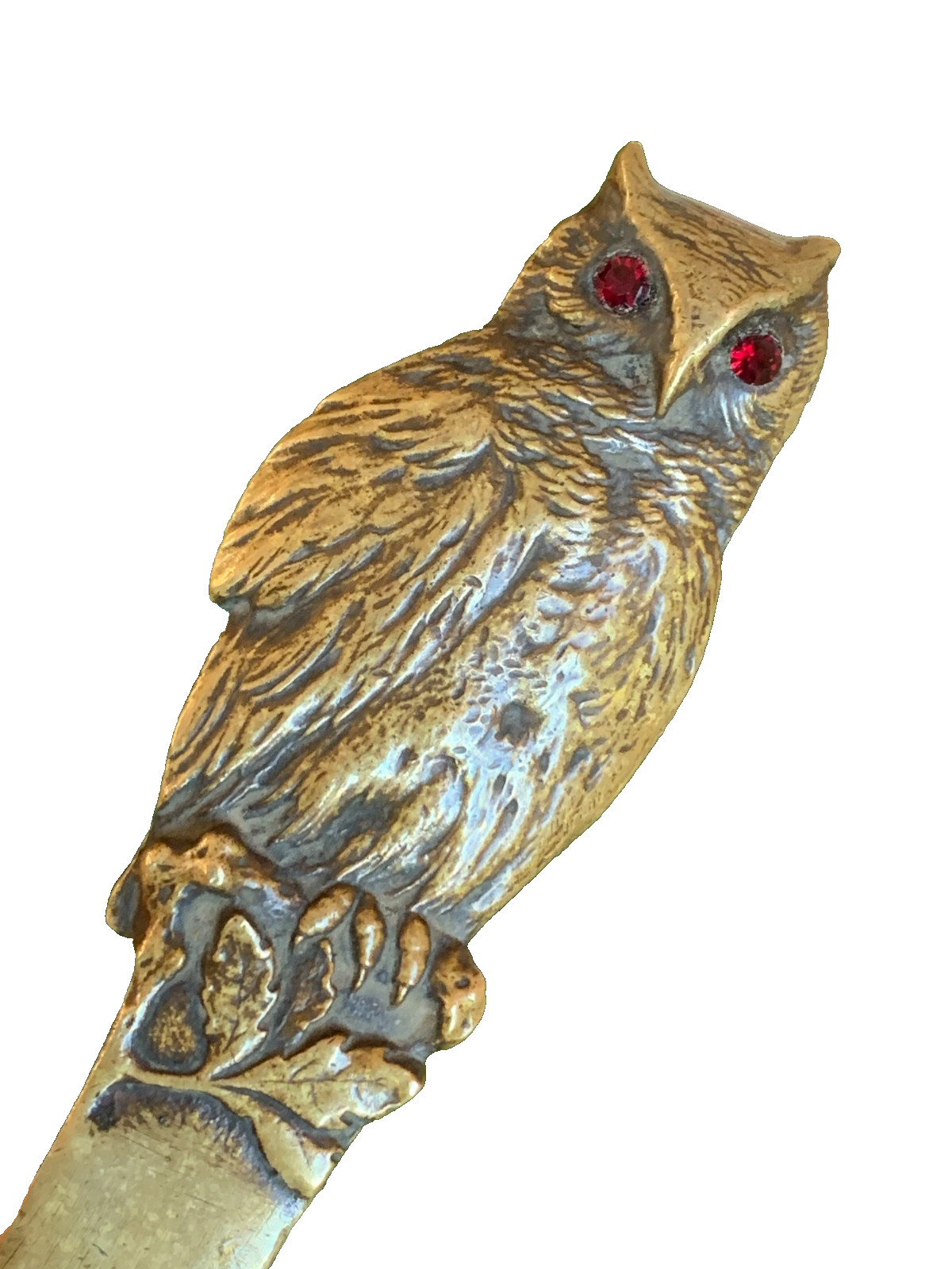 Art Nouveau Bronze Owl Letter Opener Red Garnet Glass Eyes France circa 1900