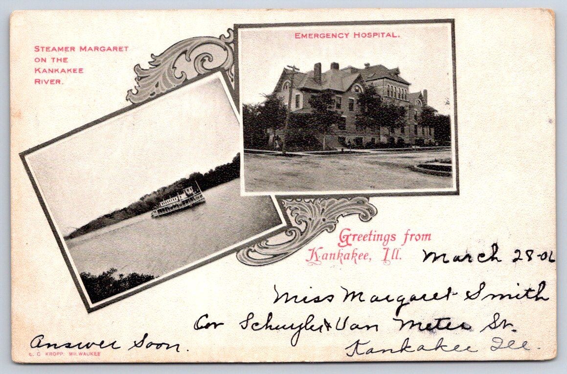 Antique Illinois Postcard KANKAKEE Steamer Margaret Hospital 1906