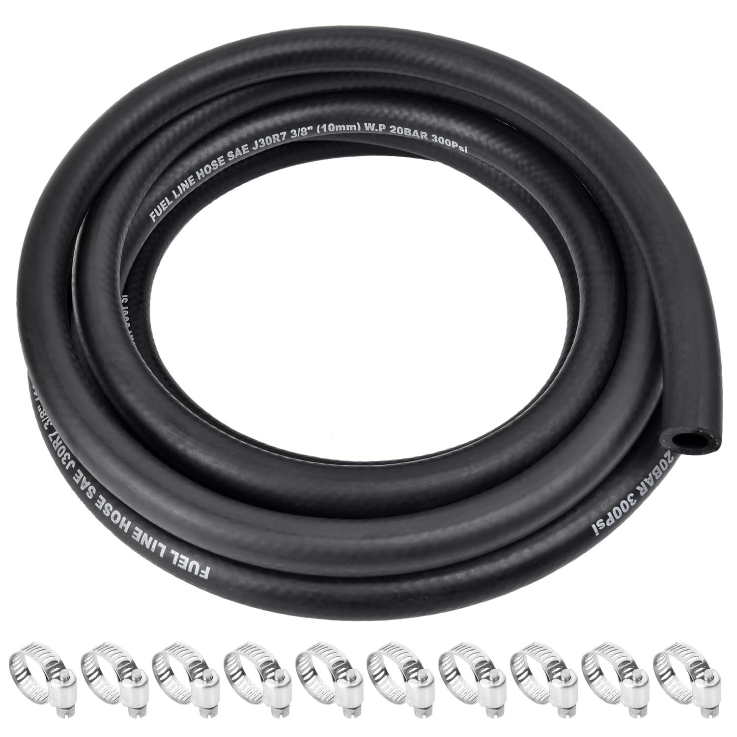 3/8 Inch ID Marine Grade 10FT Fuel Line Hose with 10PCS Fuel Line Clamps