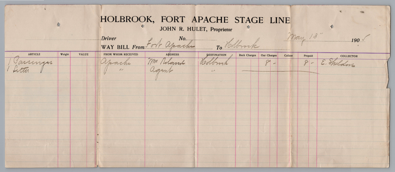 1890s Holbrook Fort Apache Stage Line Waybill Document Arizona Territory Scarce