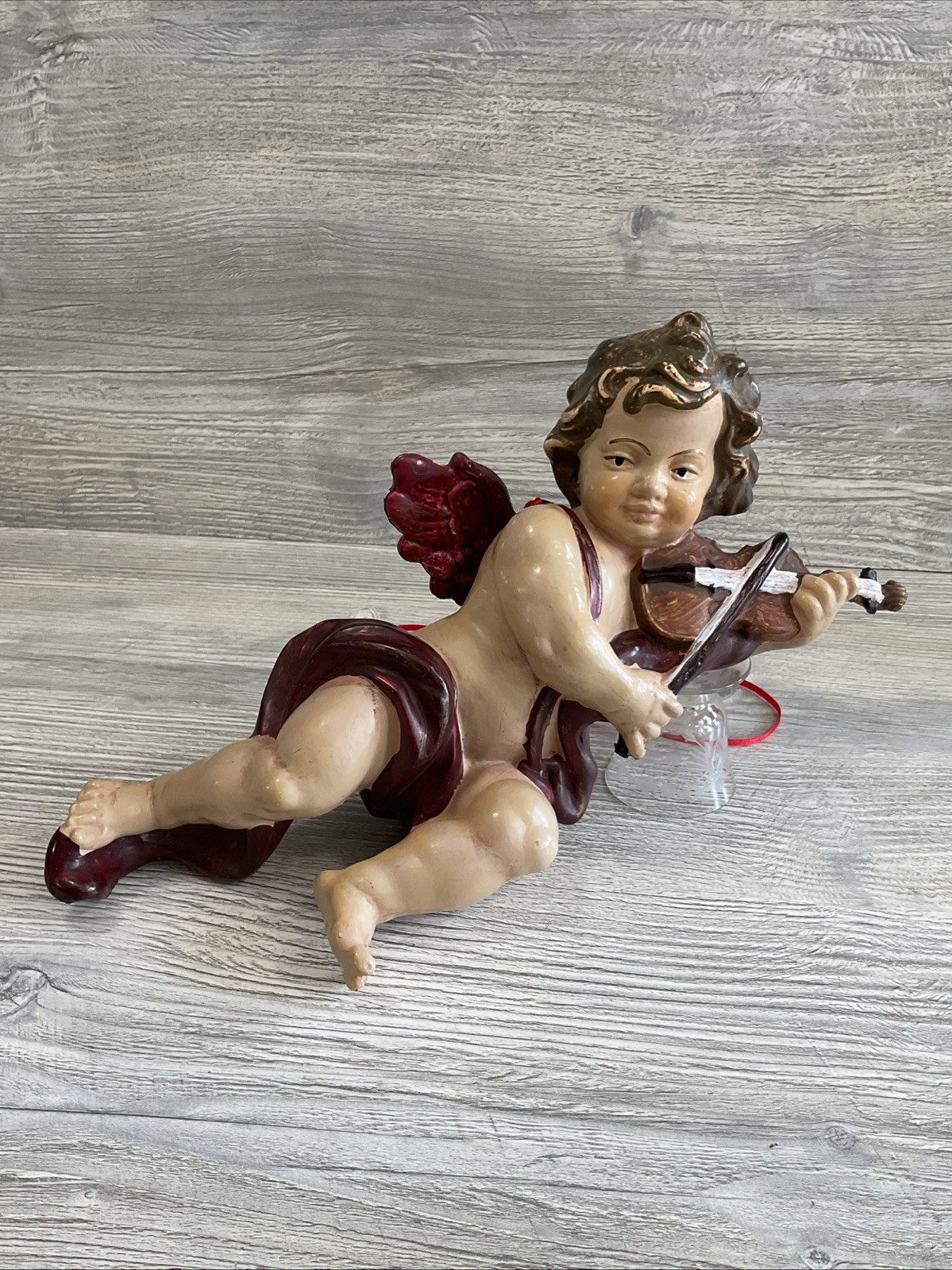 Vintage Large 11”tall Angel Cherub Playing Violin Hanging Wall Decor Burgundy