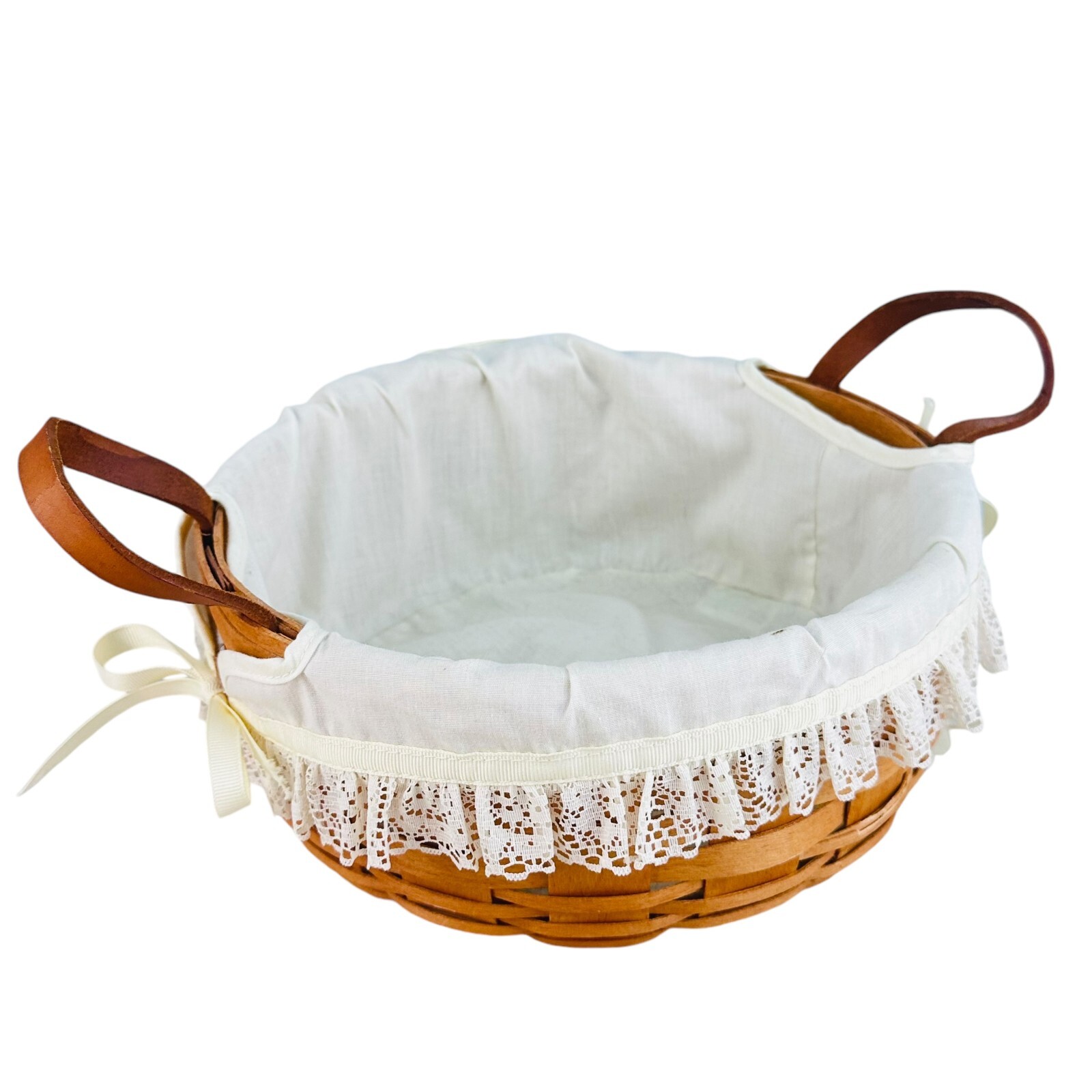 Vtg 1990 Longaberger Rd Basket w fabric white liner  USA Made 9.5