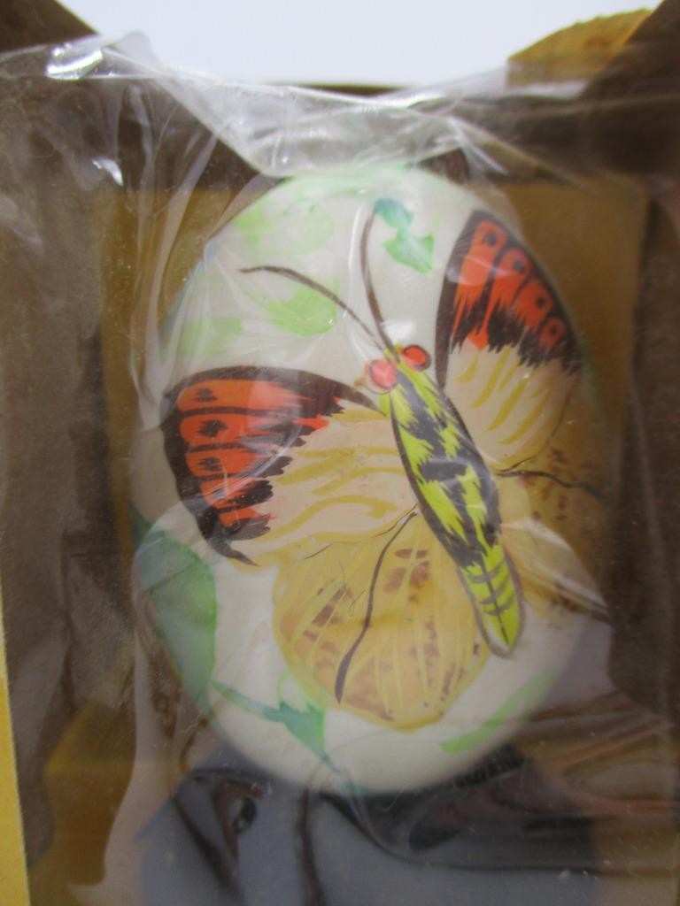 Vtg Handpainted Real Egg on Wood Stand Stix Baer Fuller Price Import Butterfly