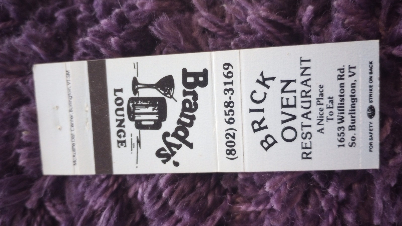 Vintage Matchbook Ephemera Collectible J24 Burlington Vermont Brandy\'s