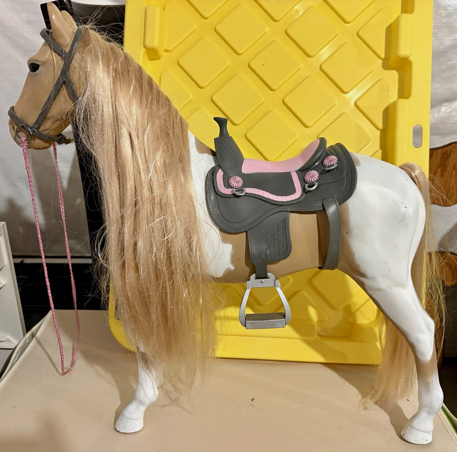 Horse Figurine w/ Saddle, Bridle & Reins, Blonde Mane for 18in Dolls