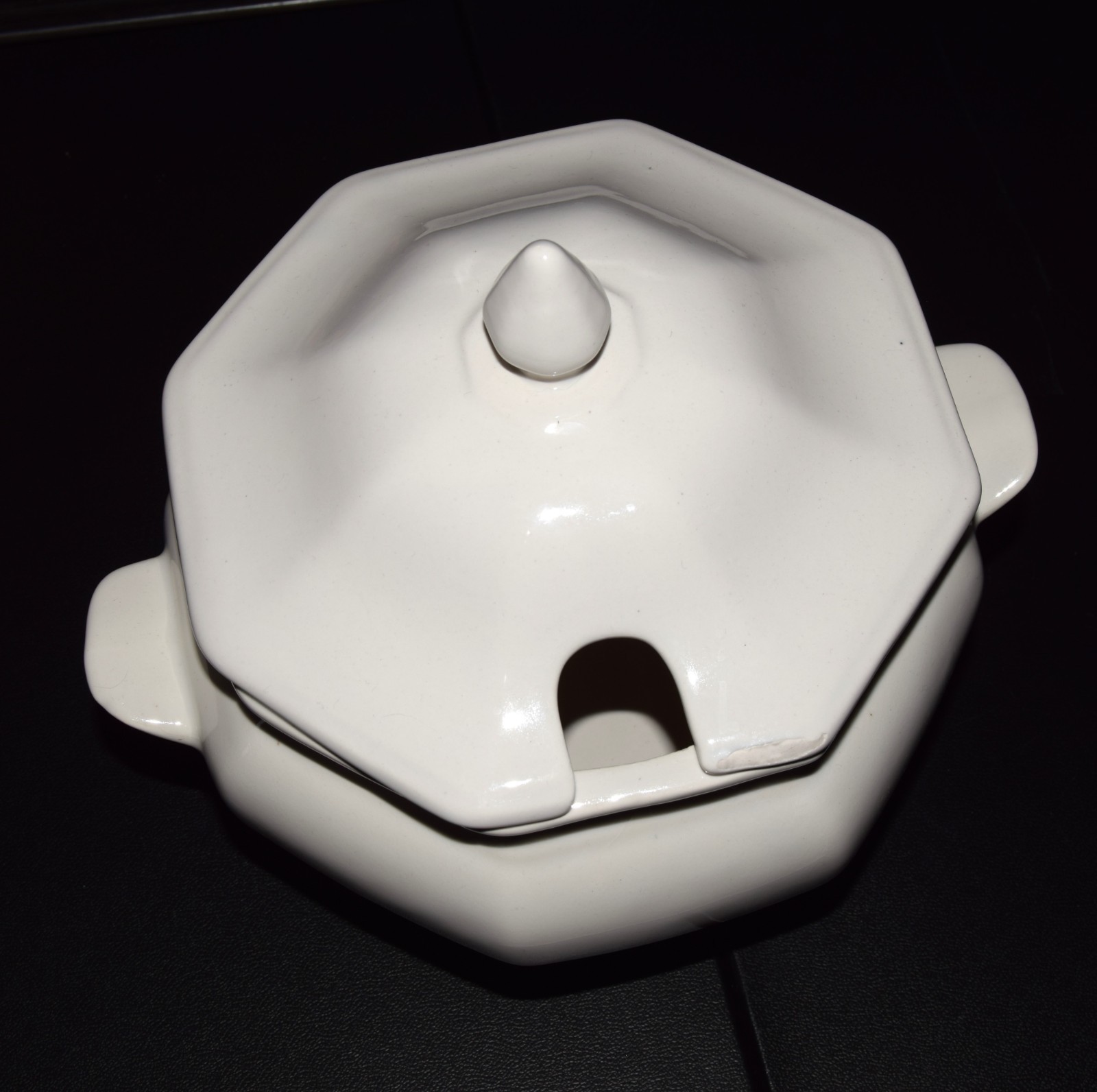 Vintage White Ceramic Soup Tureen Octagon Lid Covered Serving Bowl w Handles