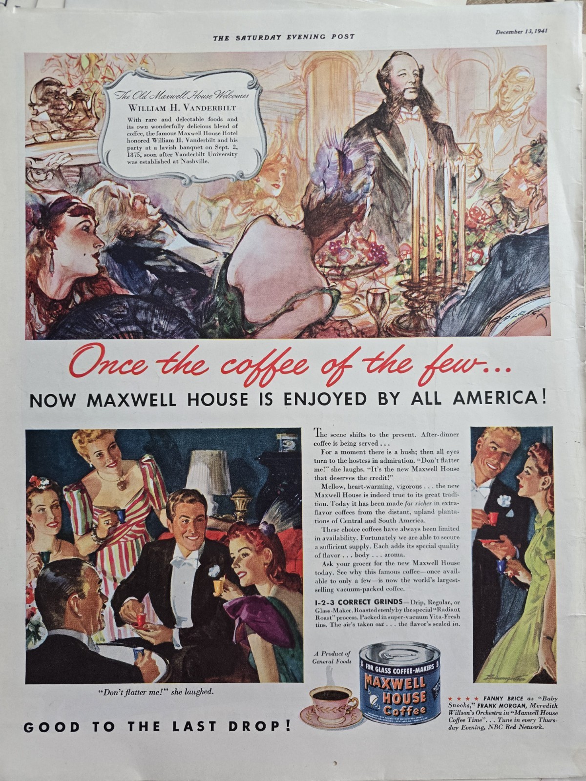 1941 Maxwell House Coffee William H. Vanderbilt Vintage Henry Raleigh Art Ad