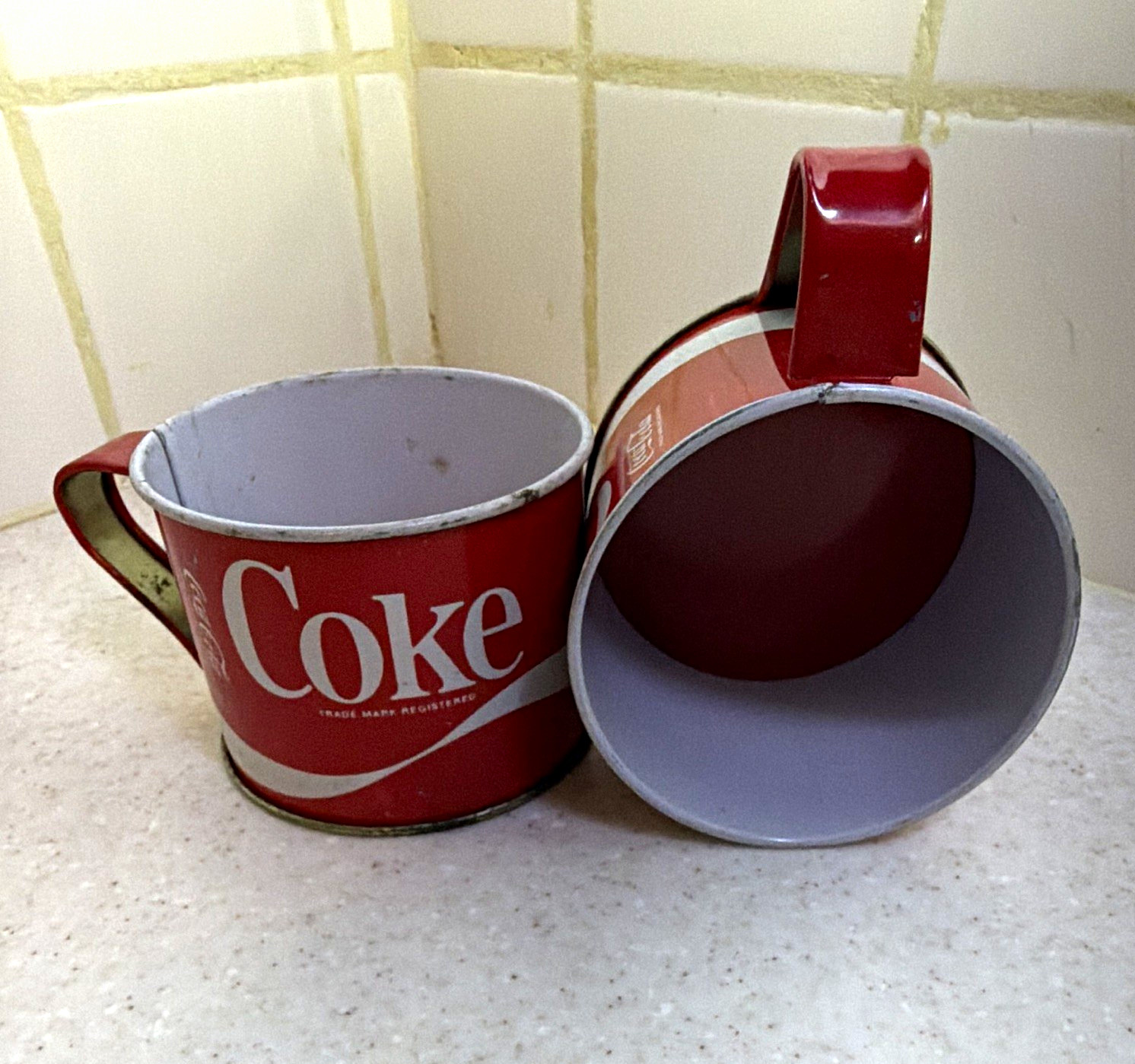 Coca-Cola Set of 2 Red Metal Tin Mugs/Cups w/ Handles, Soda Theme