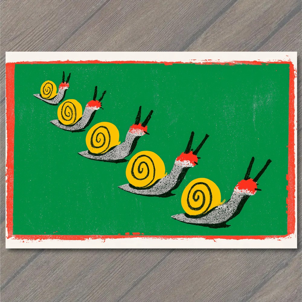 POSTCARD Snail Line Spiral Shells Row Minimal Graphic Green Field Border Nature POSTCARD Snail Line Spiral Shells Row Minimal Graphic Green Field Border Nature