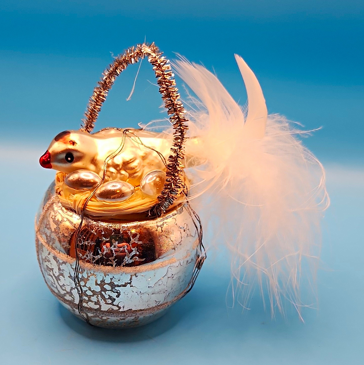 Antique 1920's German Mercury Glass Christmas Ornament wire wrapped bird nest Antique 1920's German Mercury Glass Christmas Ornament wire wrapped bird nest