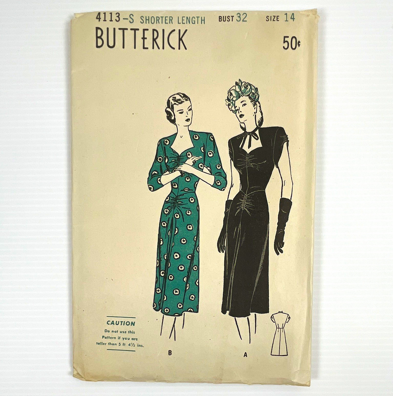 Vintage Original 1940s Butterick Sewing Pattern No. 4113-S Dress Sz 14 Uncut 