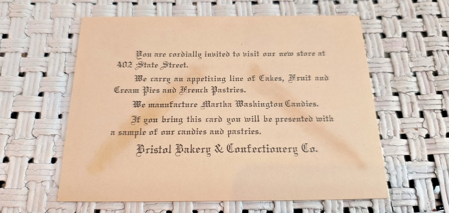 Vtg 1920s - 1930s Bristol (Tn / Va) Bakery & Confectionary Co. Advertising Card