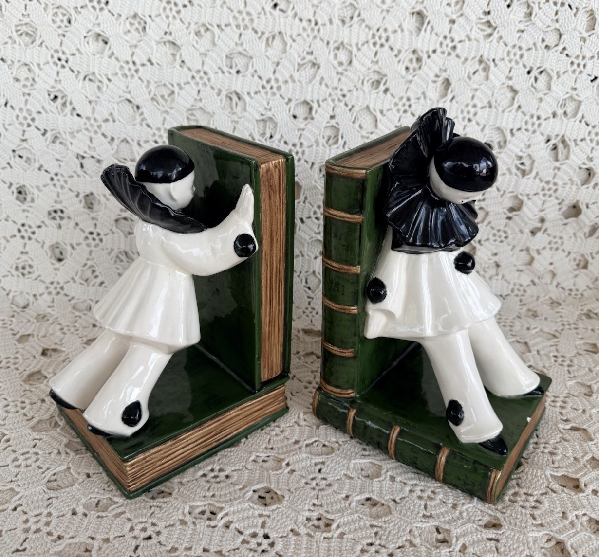 Vintage Ceramic Pierrot Clown Bookends 