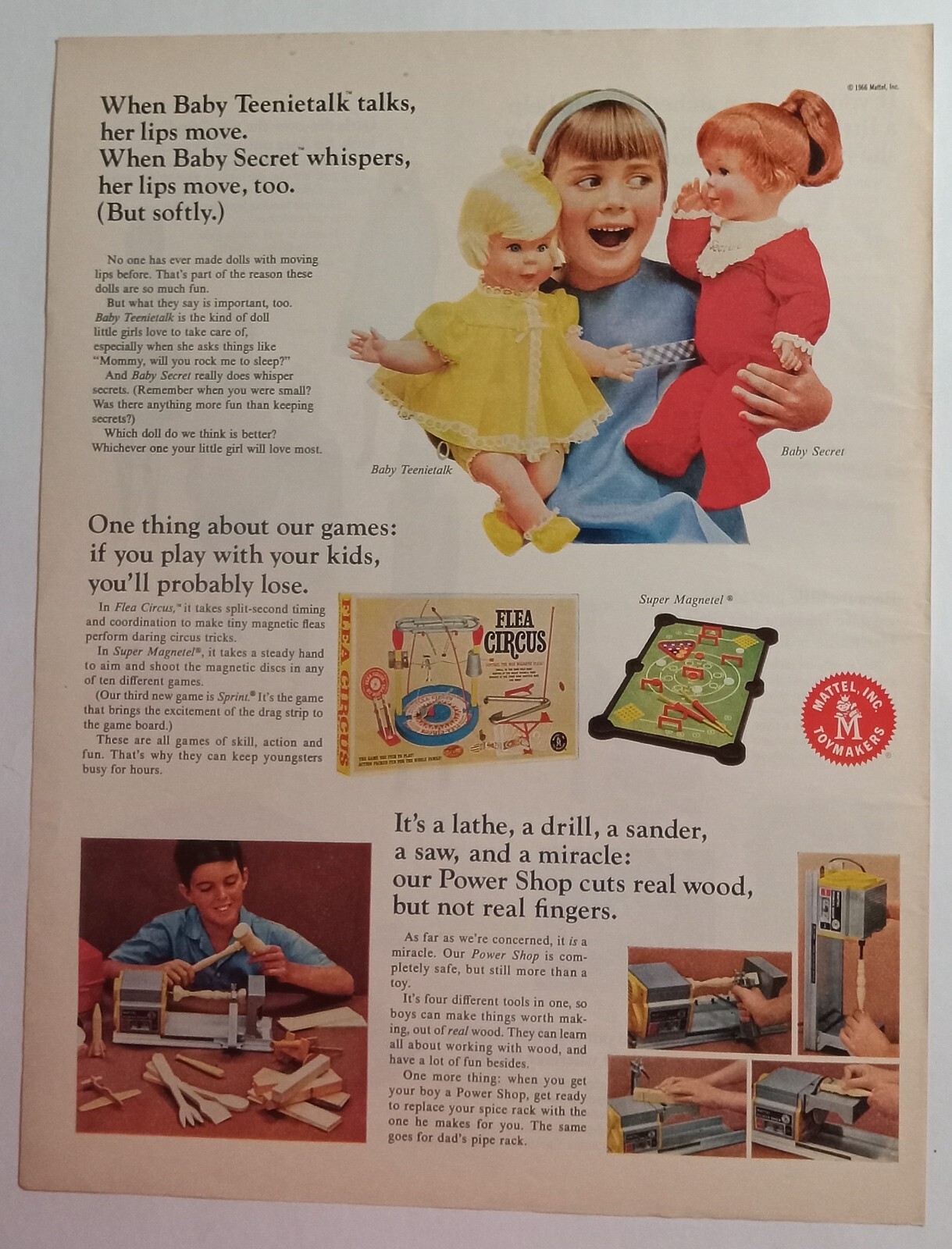 1960s MATTELL Toy Baby Teenietalk Secret Lathe Flea Circus Colorful Vtg Print Ad