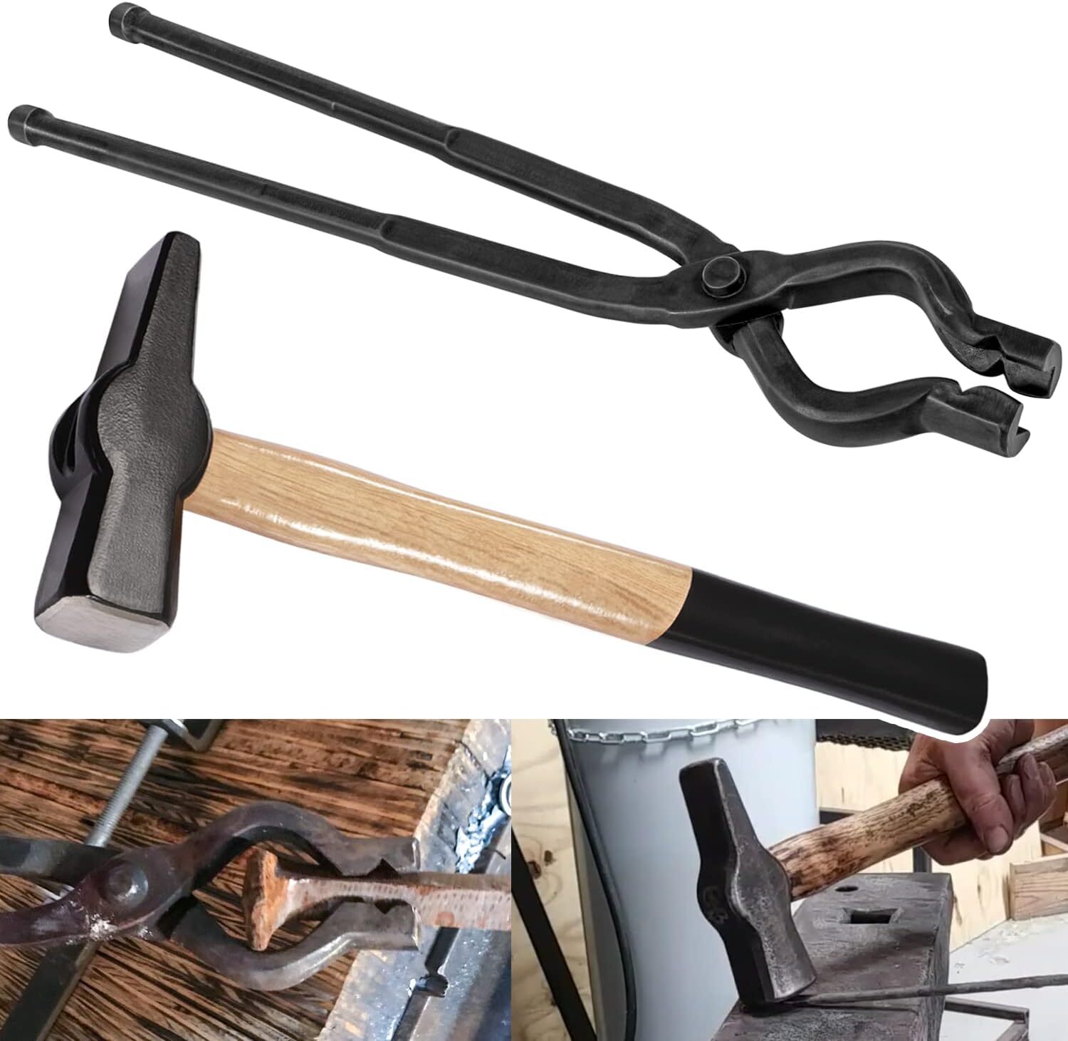 17” V-Bit Bolt Tongs & Blacksmith Hammer Kit 1.5KG (3.3LB) Knifemaking Tools Set