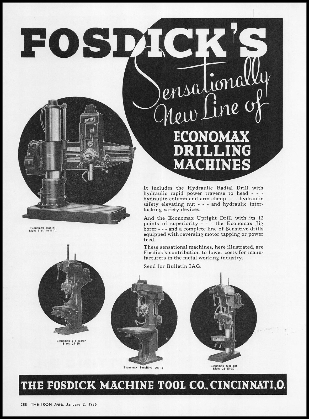 1936 Fosdick Machine Tool Co Cincinnati Ohio Economax Drilling Machines Print Ad