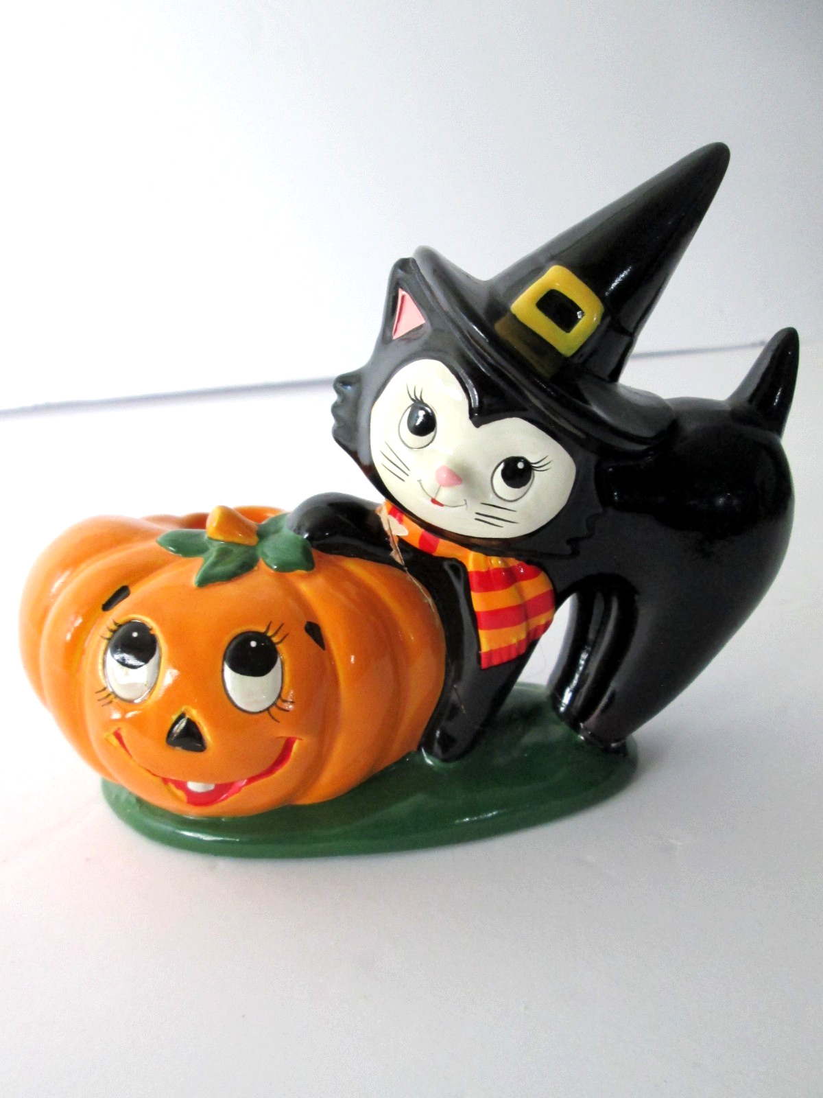 Vtg 1985 Geo Z Lefton Halloween Black Cat & Pumpkin Jack O Lantern Candle Holder