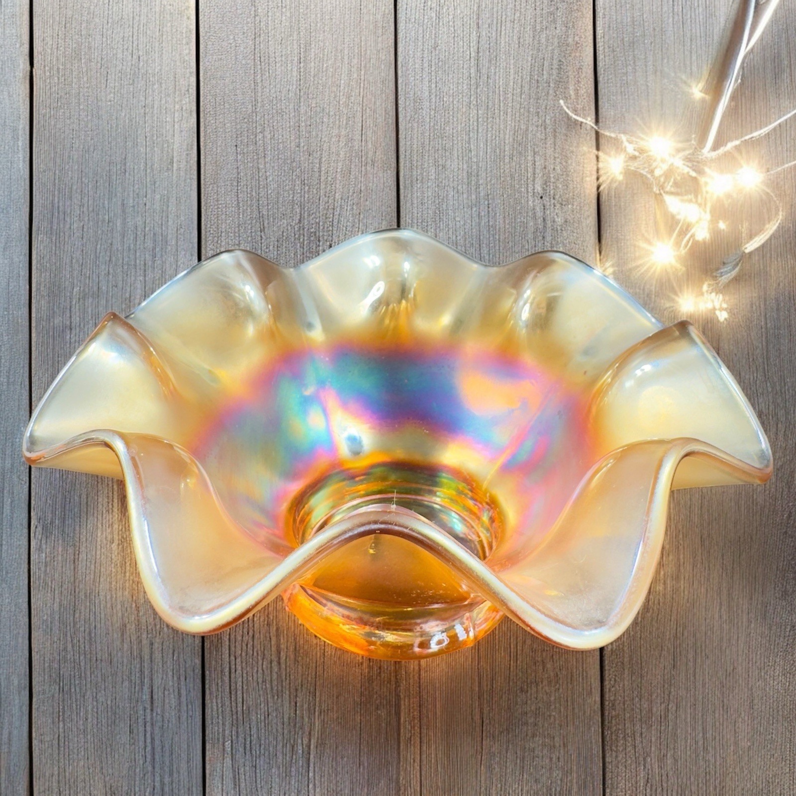 Carnival Glass Iridescent Marigold Bonbon Compote Dish Footed Bowl Glass VTG