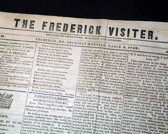 Rare ANTEBELLUM Reform Frederick MD Maryland Temperance Movement 1840 Newspaper