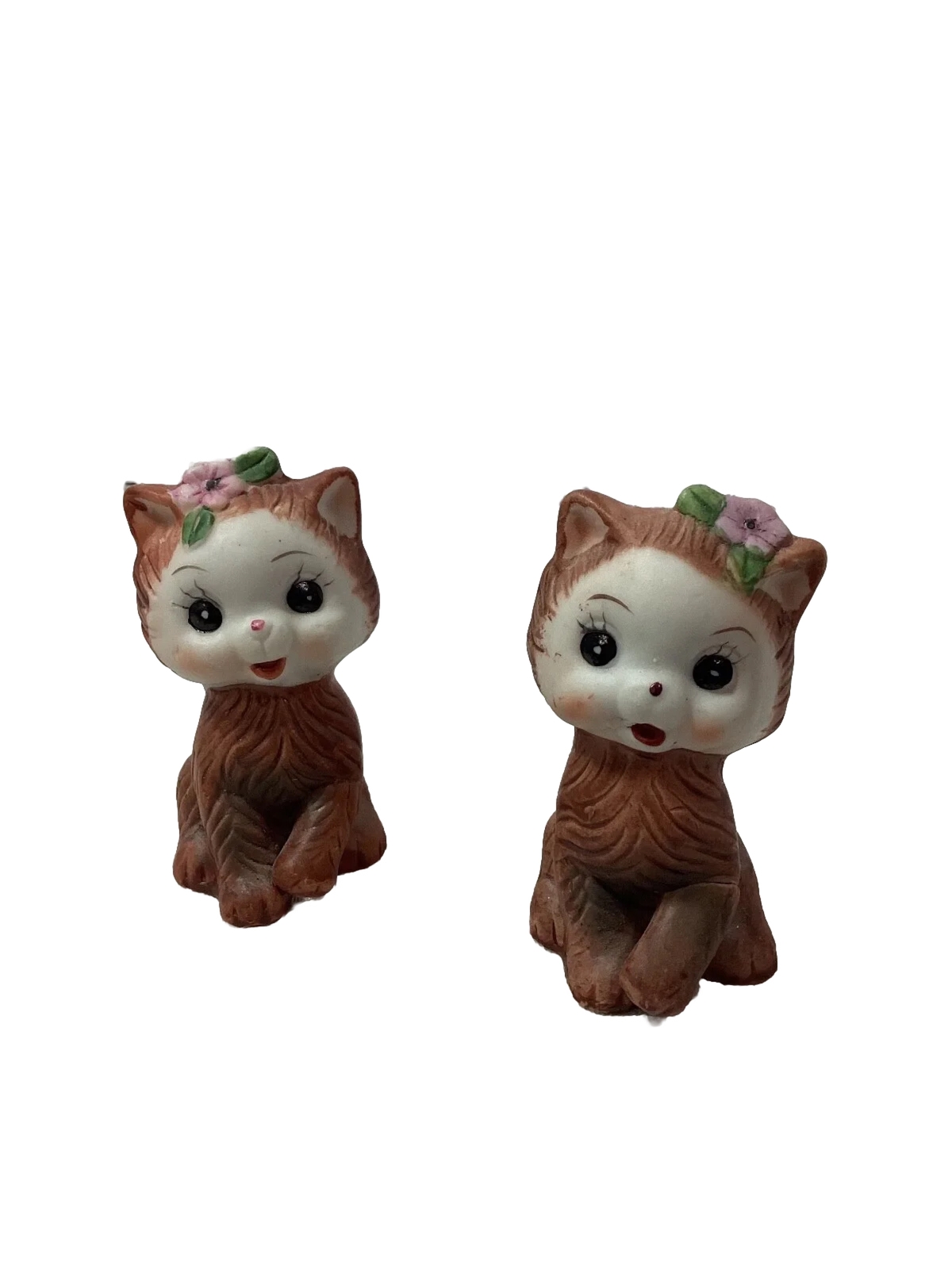 Vintage Salt & Pepper Shakers Kitty Cat Brown Pink Flower Made in Korea 2\