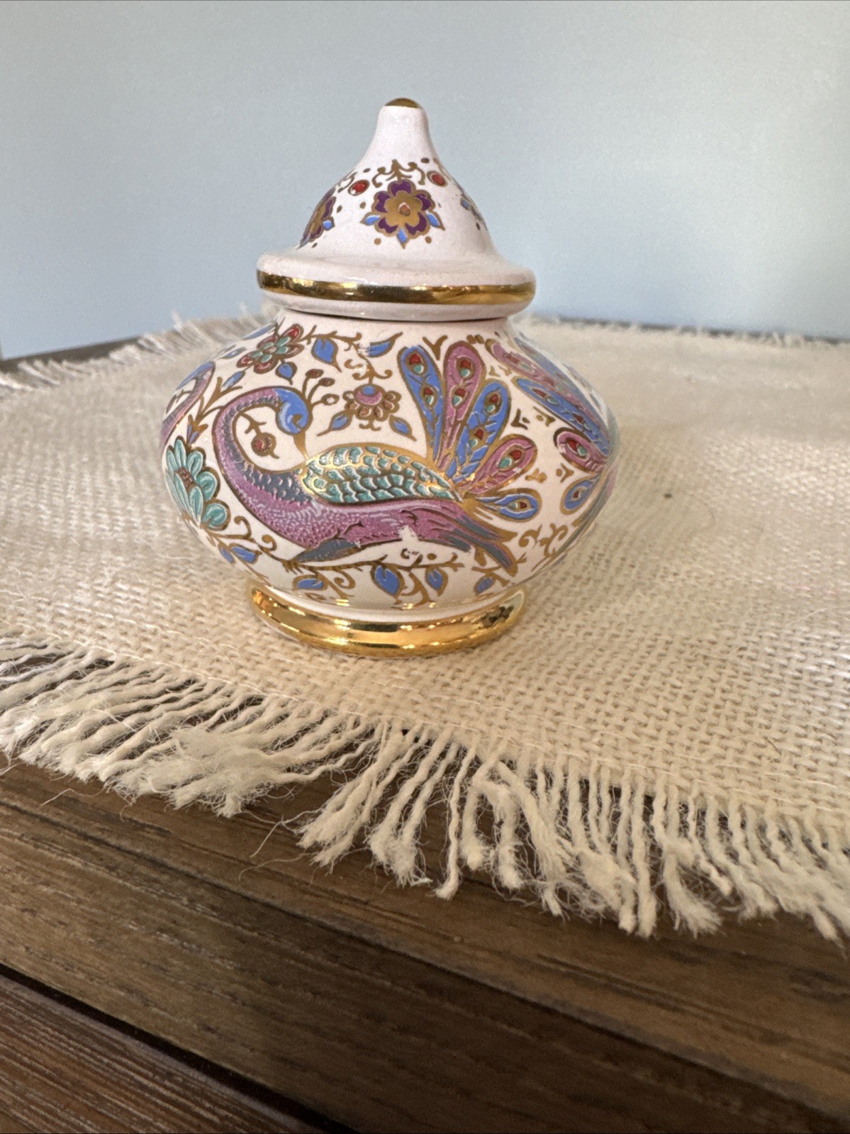 Ceramic Greek Small Lidded Solid Perfume Pot. Peacock Pattern Made In Greece