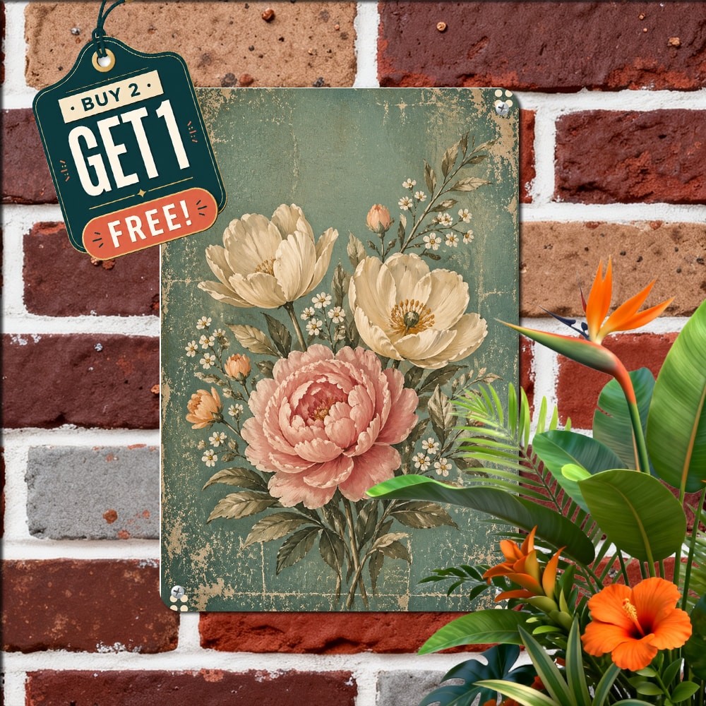 Stylish Flower Bouquet Art Metal Sign Retro Cottage Garden Room Decor 8x12