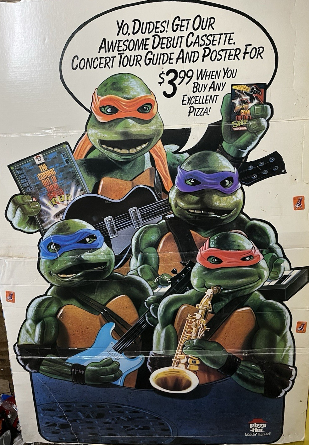 VINTAGE 90s Teenage Mutant Ninja Turtles PIZZA HUT POSTER CASSETTE DISPLAY HUGE