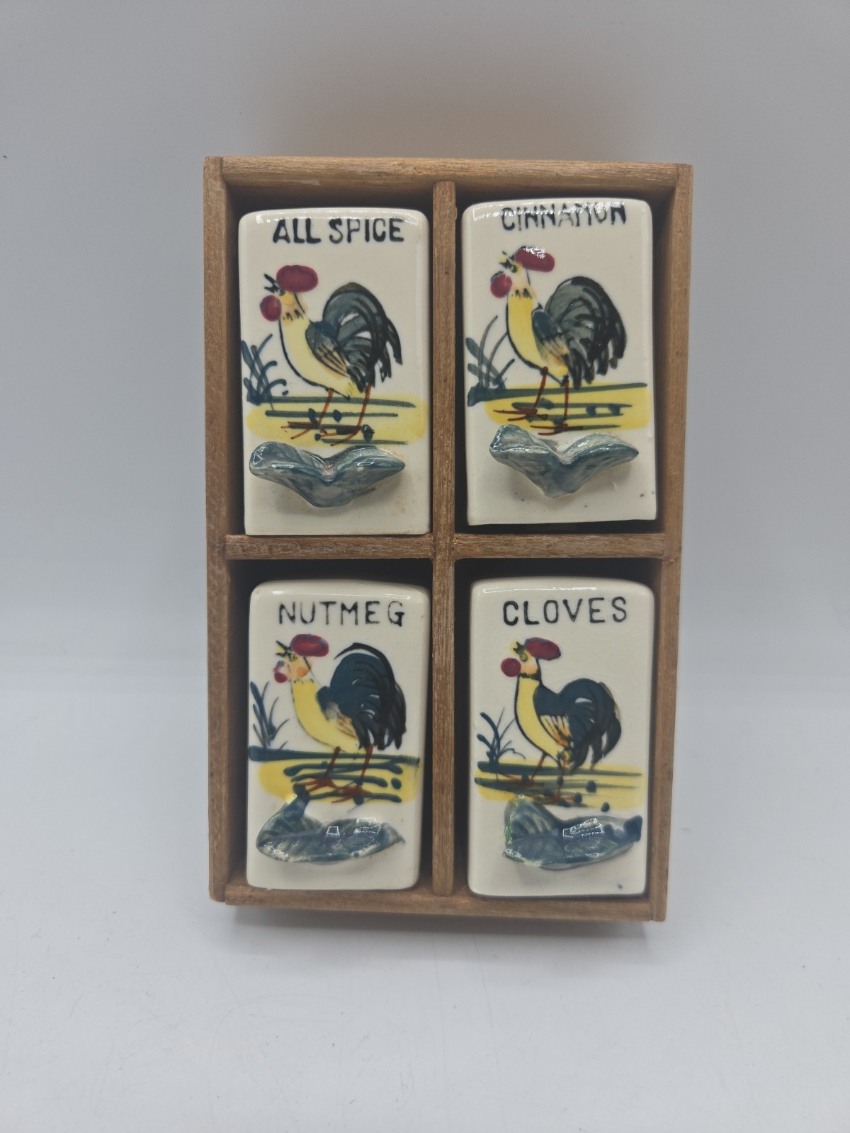 Vintage MCM 1950s Japan Ceramic Wood Rooster Spice Rack Cabinet Drawer Set Kitsc