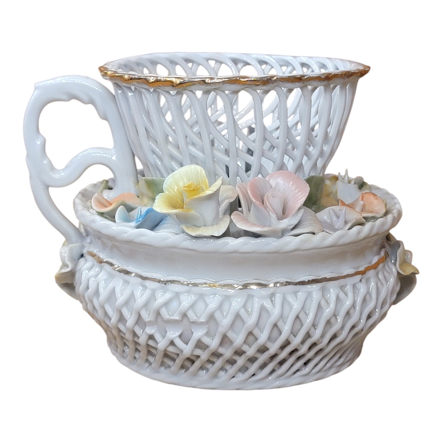 Vintage Porcelain Lace Basket Bowl Applied Flowers Gold Trim Floral Decor