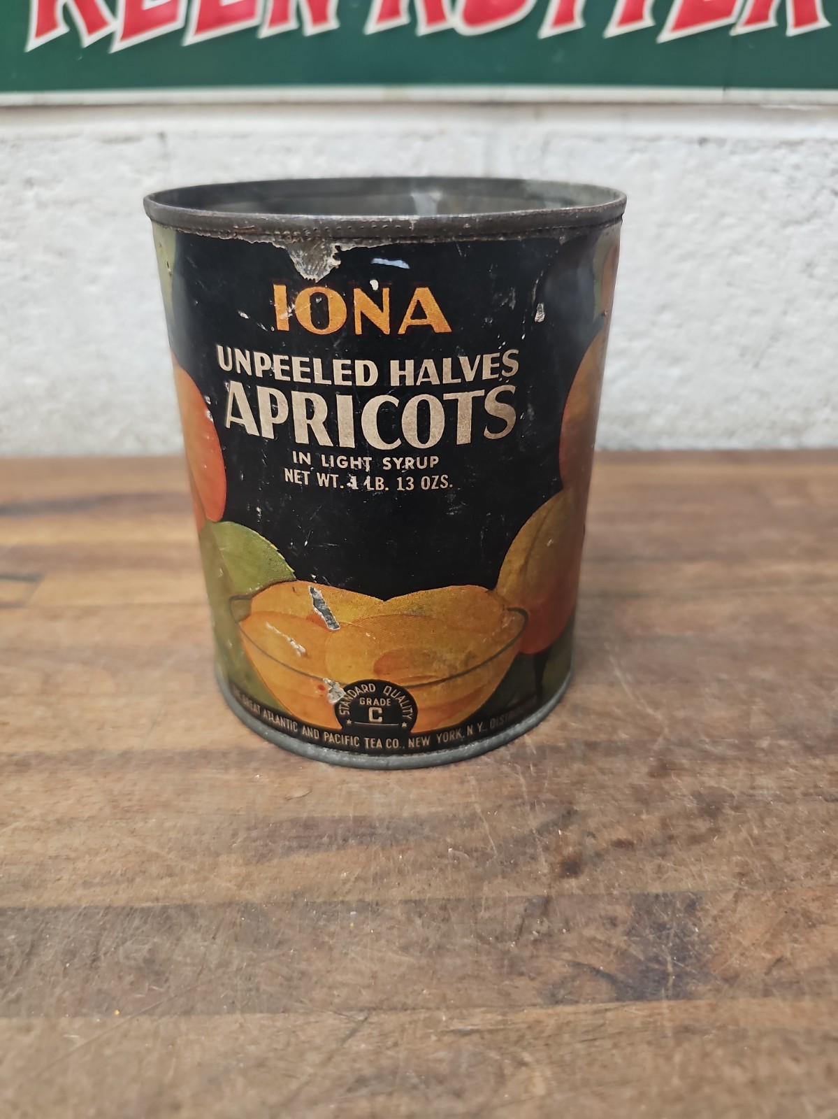 G88- Vintage IONA A&P apricots fruit deco 1934 metal tin can paper label RARE