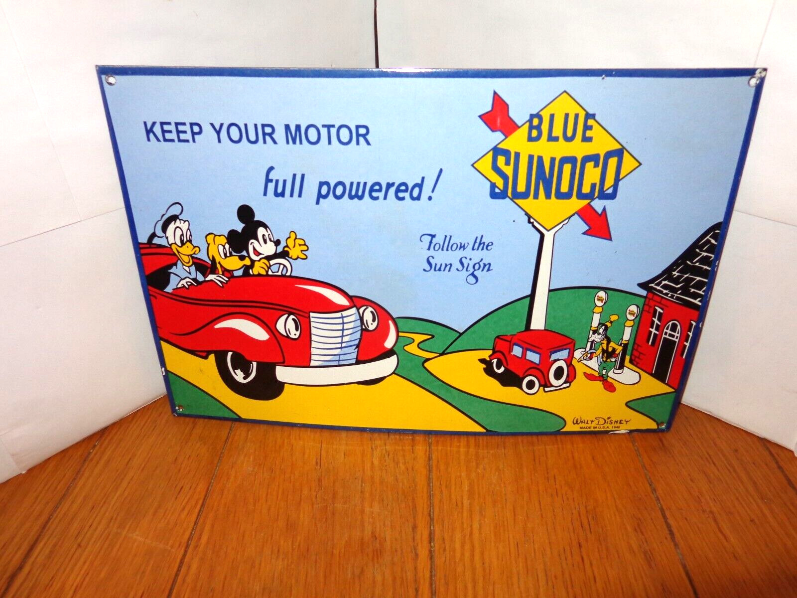 16x11 in BLUE SUNOCO GAS MICKEY-MINNIE MOUSE ADV. SIGN HEAVY DIE CUT METAL  S314