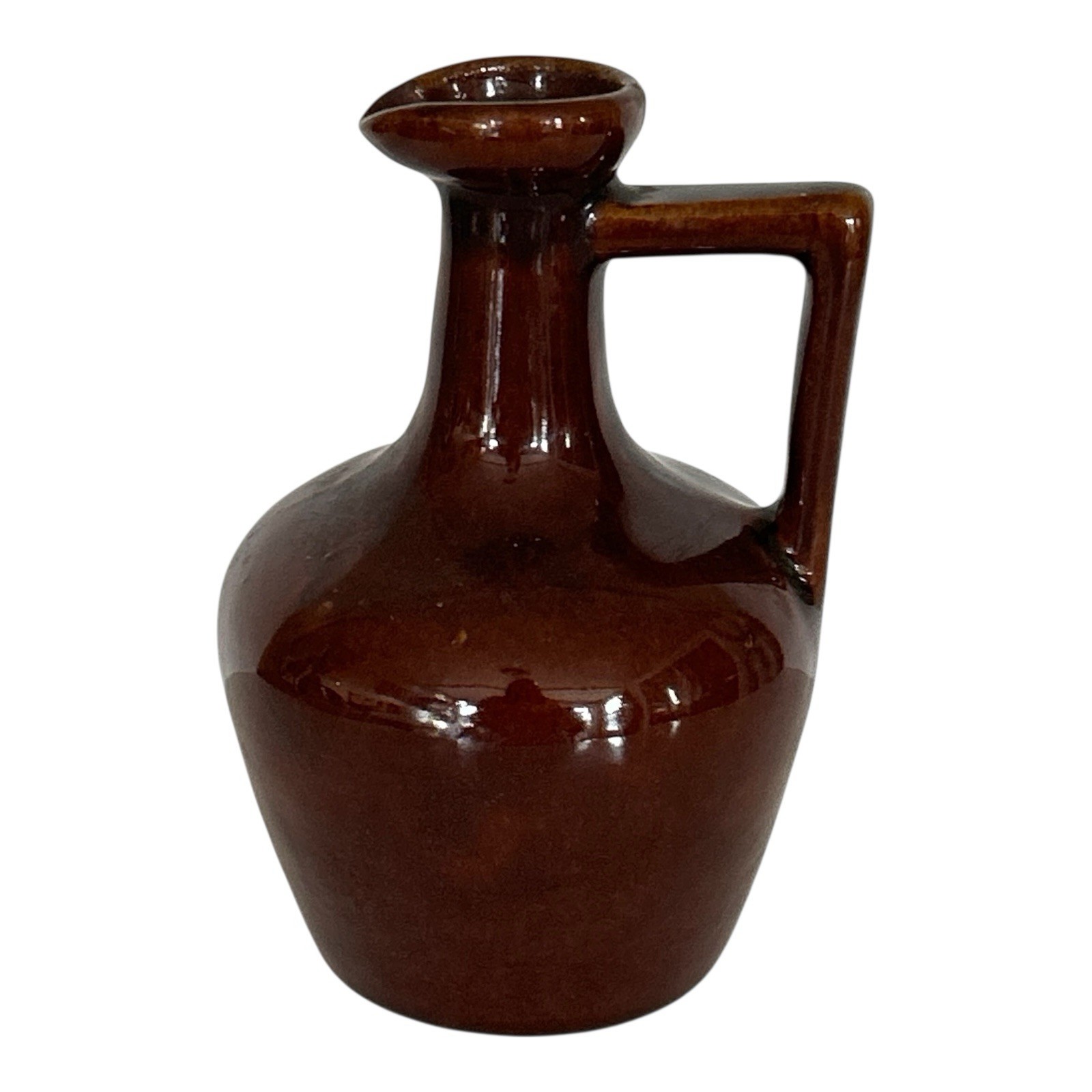 Vtg Brown Glazed Stoneware Pitcher Jug 7” Glossy Finish Squared Handle Pottery